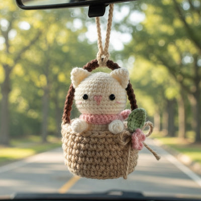 Cute Crochet Cat in Basket Car Charm | Handmade Amigurumi Rearview Mirror Accessory