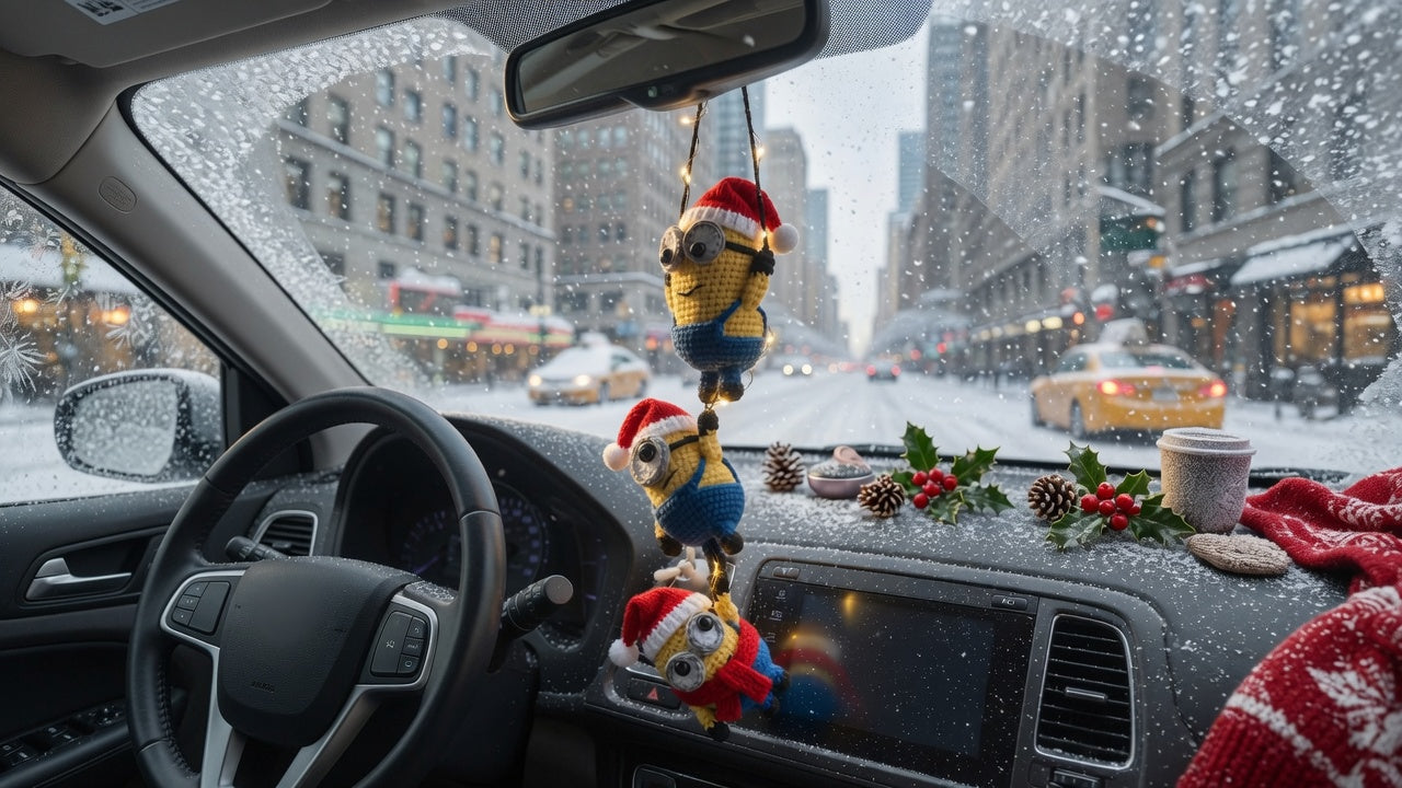 Handmade Crochet Christmas Car Charm - Cute Yellow Guy with Santa Hat, Rear View Mirror Ornament, Holiday Car Accessory (Bản sao)