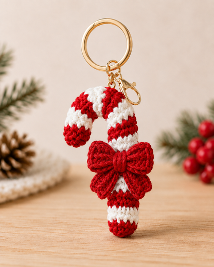 Festive Crochet Candy Cane Keychain | Handmade Amigurumi Christmas Bag Charm & Keyring