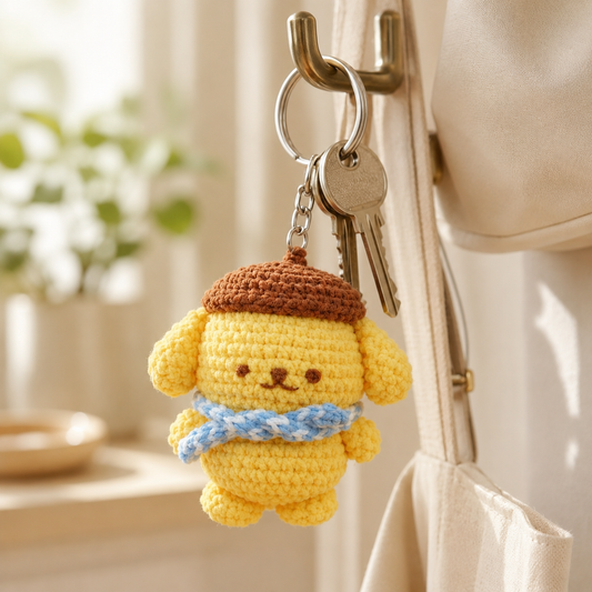 Cute Crochet Beret Puppy Keychain | Handmade Amigurumi Yellow Dog Bag Charm