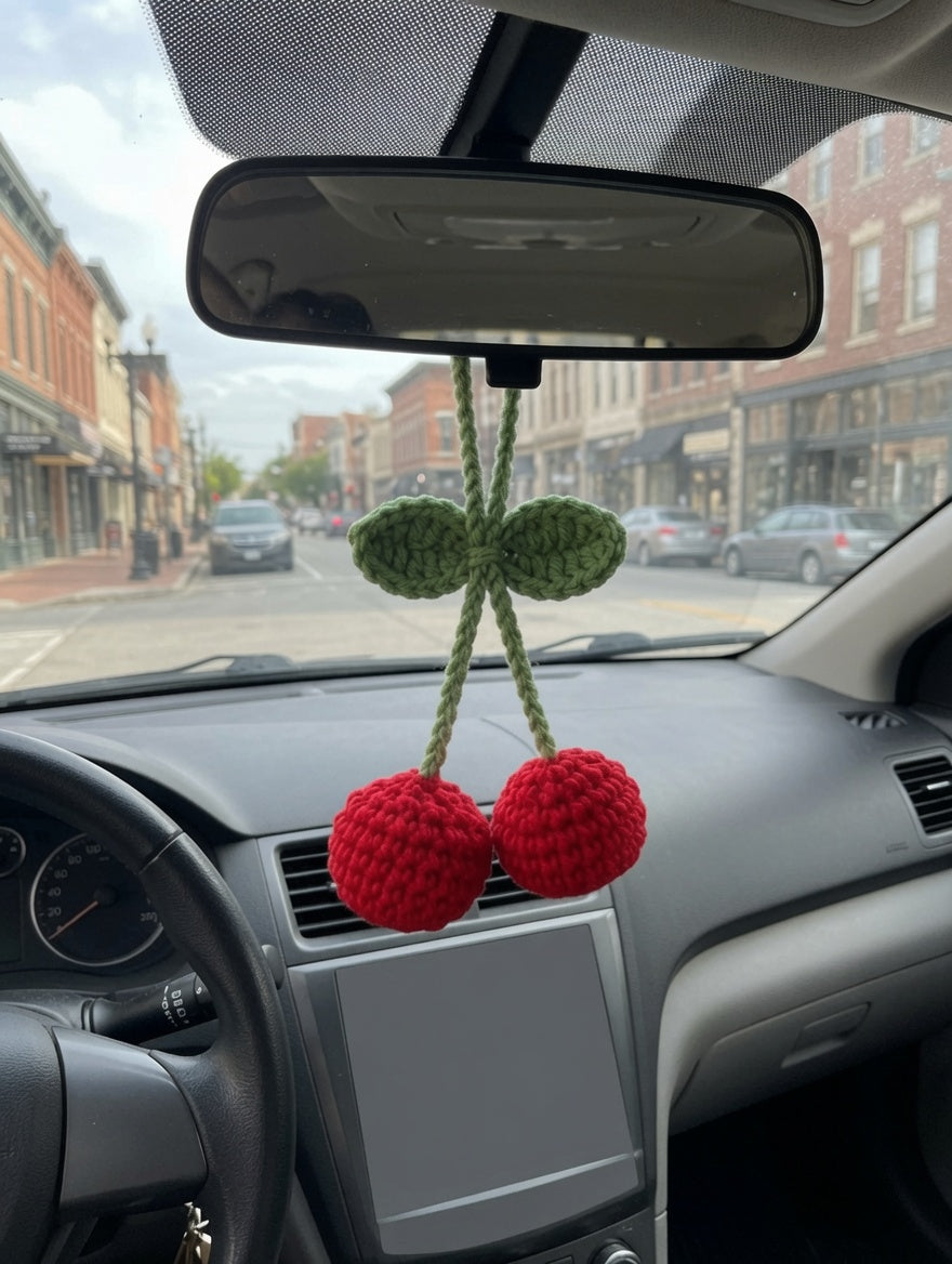 Cute Crochet Cherry Car Charm | Handmade Amigurumi Rearview Mirror Accessory