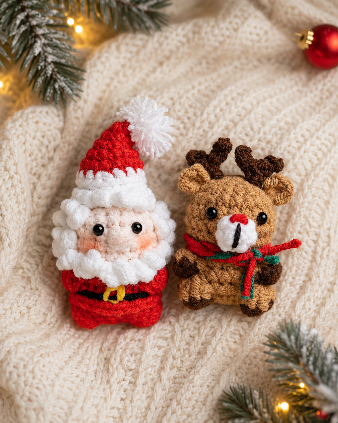 Handmade Crochet Santa and Reindeer Holiday Set | Amigurumi Christmas Plushie Duo