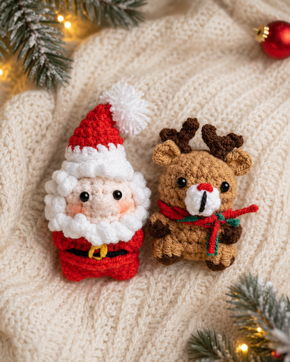 Handmade Crochet Santa and Reindeer Holiday Set | Amigurumi Christmas Plushie Duo