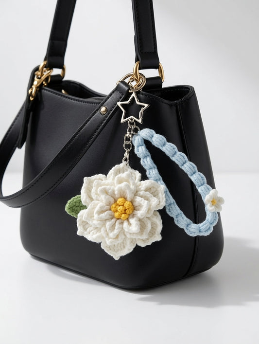 Crochet Flower Bag Charm — White Daisy Wristlet Keychain, Handmade Boho Purse Accessory