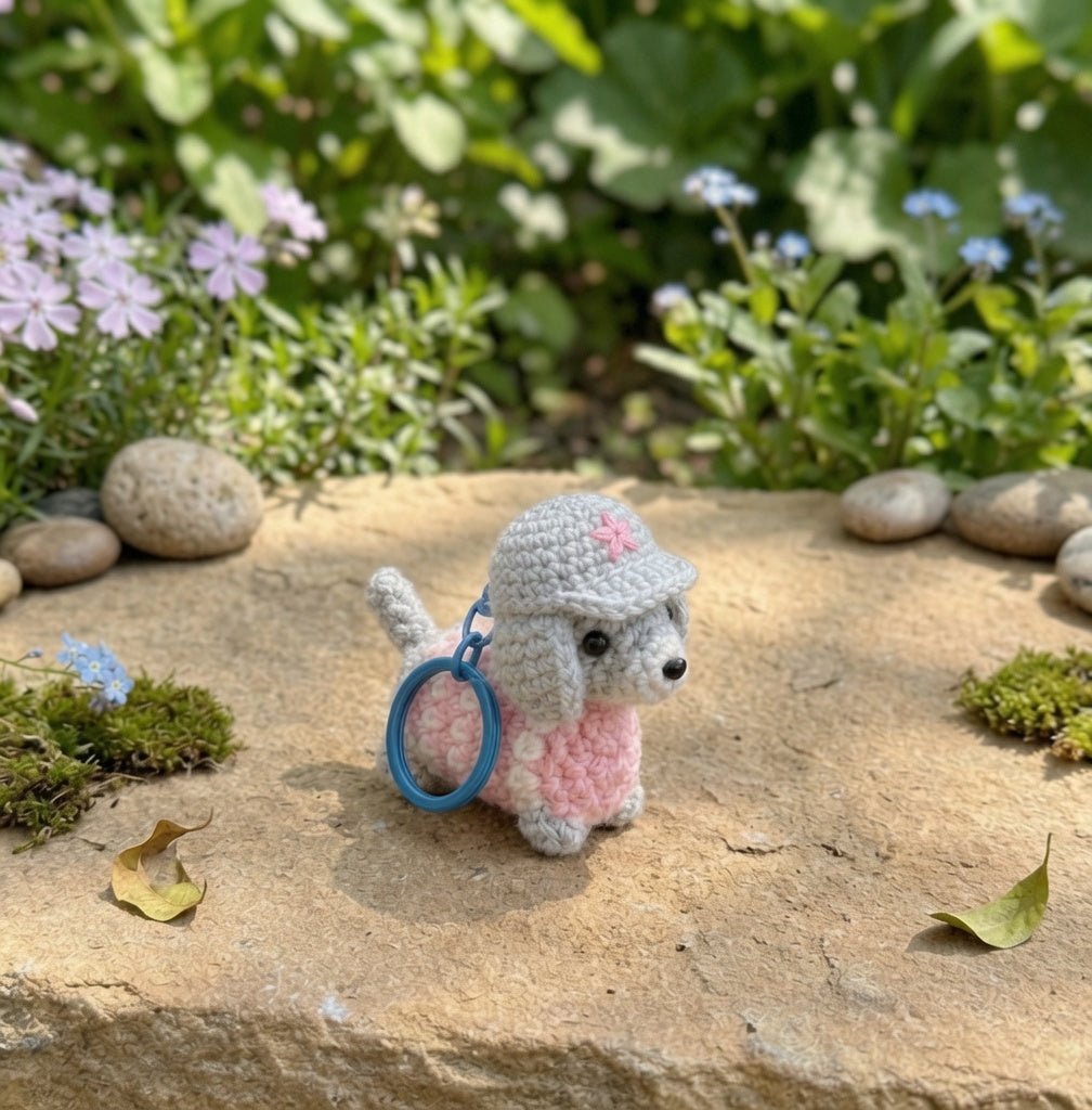 Crochet Dachshund Dog Keychain — Handmade Puppy Bag Charm with Hat & Sweater