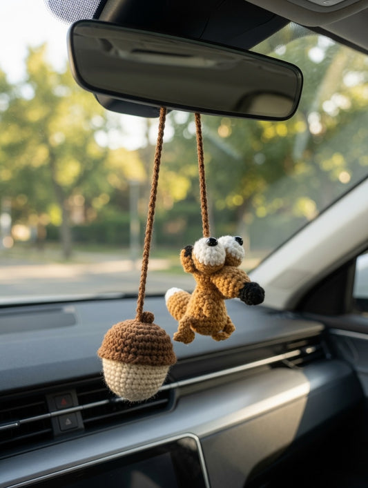 Hilarious Prehistoric Squirrel Amigurumi Car Hanger | Handmade Auto Decor Gift