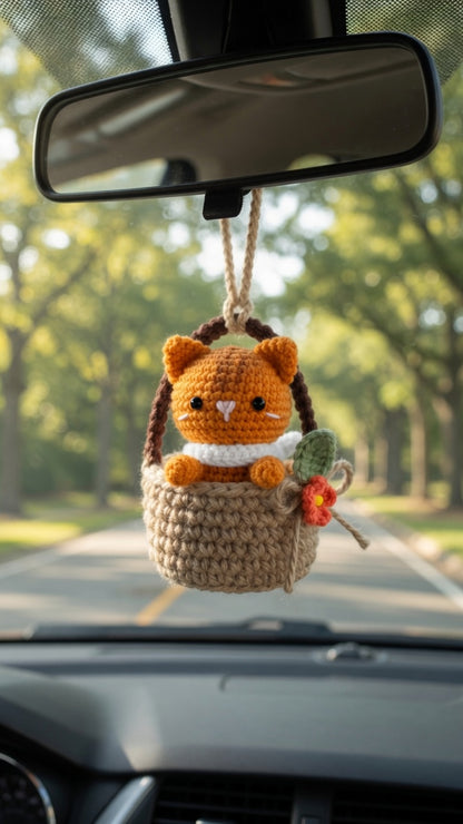 Cute Crochet Cat in Basket Car Charm | Handmade Amigurumi Rearview Mirror Accessory