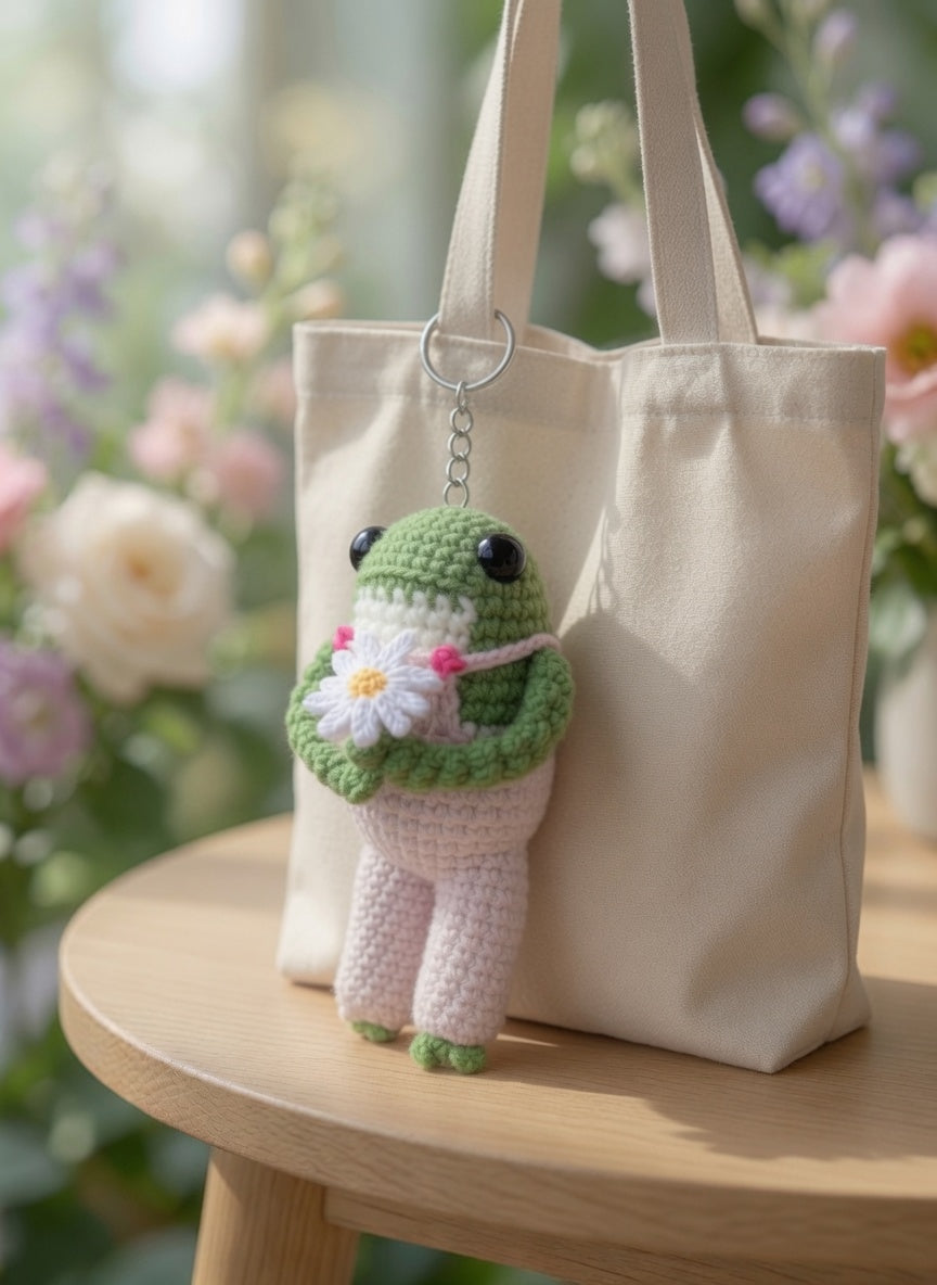 Cute Crochet Frog Holding Daisy Keychain | Pastel Amigurumi Bag Charm