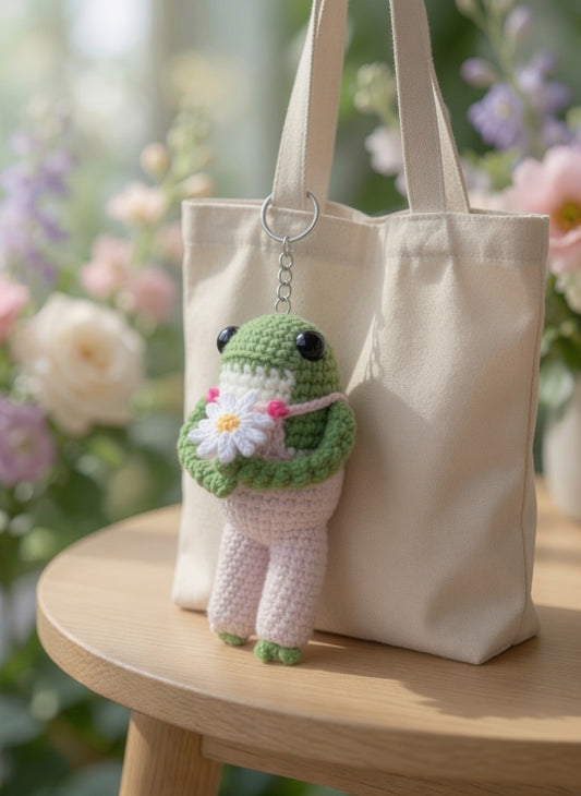 Cute Crochet Frog Holding Daisy Keychain | Pastel Amigurumi Bag Charm