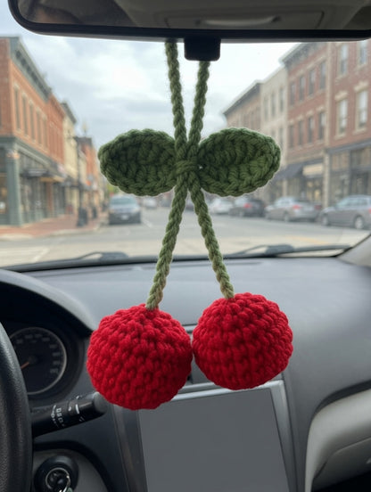 Cute Crochet Cherry Car Charm | Handmade Amigurumi Rearview Mirror Accessory