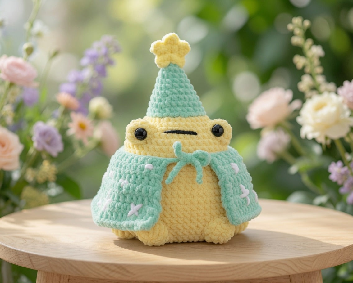 Kawaii Wizard Frog Crochet Plushie | Velvet Amigurumi Magic Toad