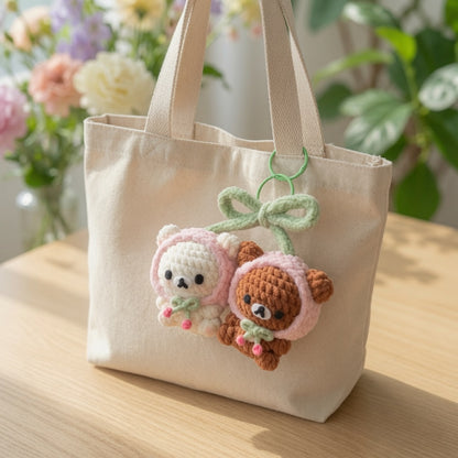 Kawaii Cherry Twin Bears Crochet Bag Charm | Plush Amigurumi Matching Keychain