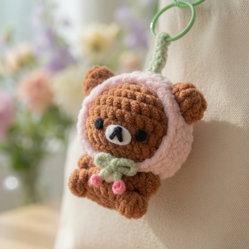 Kawaii Cherry Twin Bears Crochet Bag Charm | Plush Amigurumi Matching Keychain