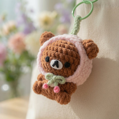 Kawaii Cherry Twin Bears Crochet Bag Charm | Plush Amigurumi Matching Keychain
