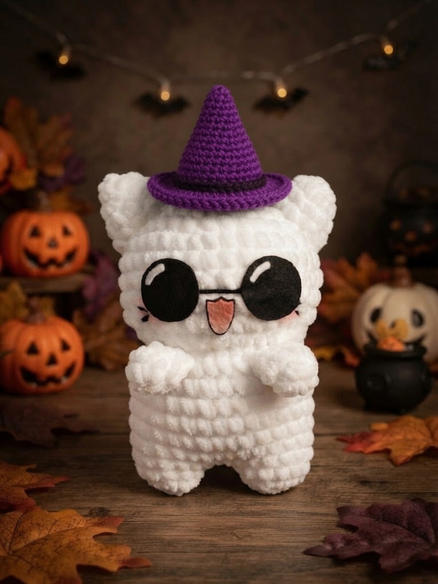 Fluffy Crochet Witch Cat Plushie | Velvet Amigurumi Halloween Kitty Stuffed Toy