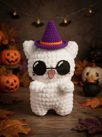 Fluffy Crochet Witch Cat Plushie | Velvet Amigurumi Halloween Kitty Stuffed Toy