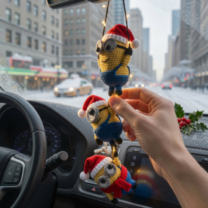 Handmade Crochet Christmas Car Charm - Cute Yellow Guy with Santa Hat, Rear View Mirror Ornament, Holiday Car Accessory (Bản sao)