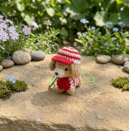 Crochet Dachshund Dog Keychain — Handmade Puppy Bag Charm with Hat & Sweater