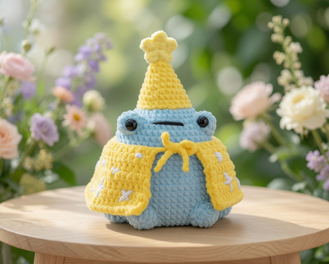 Kawaii Wizard Frog Crochet Plushie | Velvet Amigurumi Magic Toad