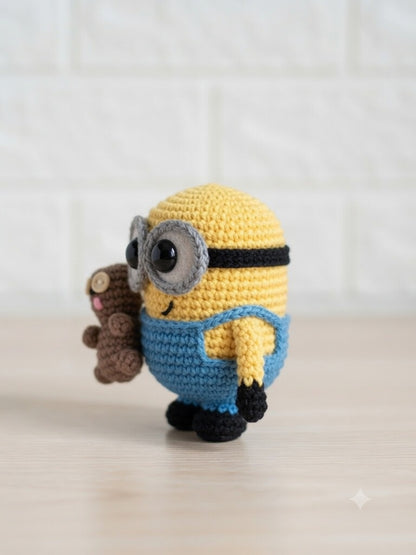 Cute Crochet Goggles Henchman with Bear Plushie | Handmade Amigurumi Yellow Companion Toy