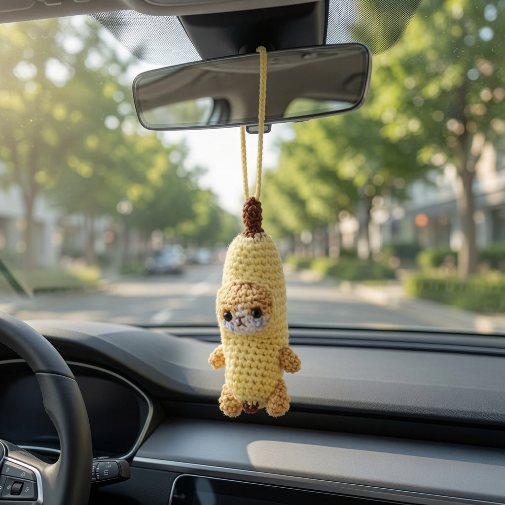Funny Crying Banana Cat Crochet Car Charm | Viral Meme Rearview Mirror Accessory