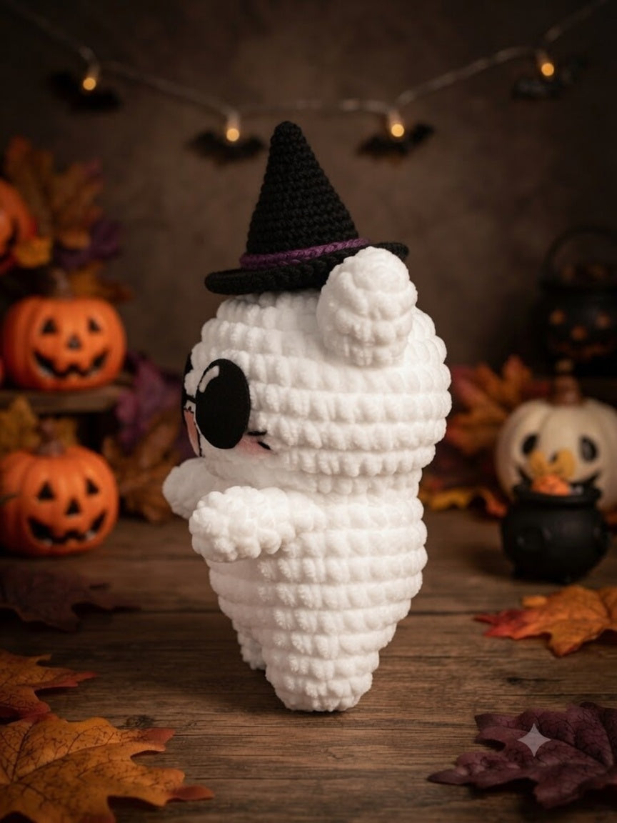 Fluffy Crochet Witch Cat Plushie | Velvet Amigurumi Halloween Kitty Stuffed Toy