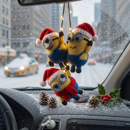 Handmade Crochet Christmas Car Charm - Cute Yellow Guy with Santa Hat, Rear View Mirror Ornament, Holiday Car Accessory (Bản sao)