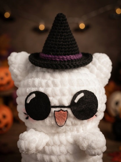 Fluffy Crochet Witch Cat Plushie | Velvet Amigurumi Halloween Kitty Stuffed Toy