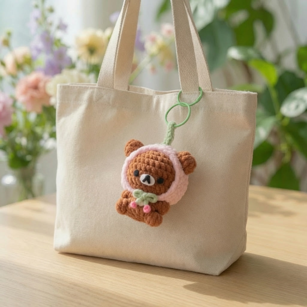 Kawaii Cherry Twin Bears Crochet Bag Charm | Plush Amigurumi Matching Keychain