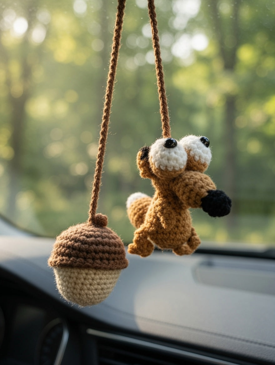 Hilarious Prehistoric Squirrel Amigurumi Car Hanger | Handmade Auto Decor Gift