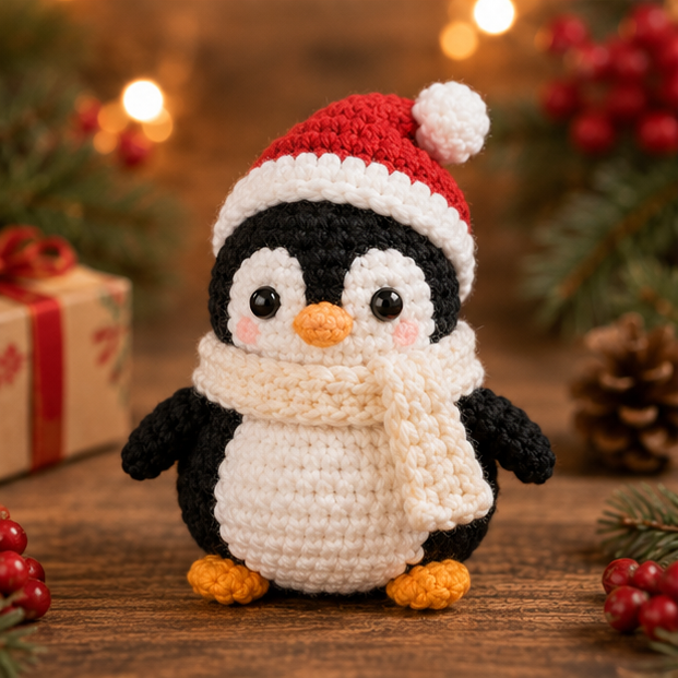 Festive Crochet Christmas Penguin Keychain | Handmade Amigurumi Holiday Bag Charm & Keyring