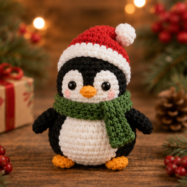 Festive Crochet Christmas Penguin Keychain | Handmade Amigurumi Holiday Bag Charm & Keyring