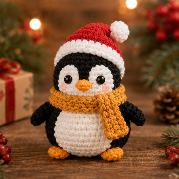 Festive Crochet Christmas Penguin Keychain | Handmade Amigurumi Holiday Bag Charm & Keyring