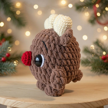 Fluffy Red-Nose Reindeer Crochet Plushie | Velvet Amigurumi Christmas Toy