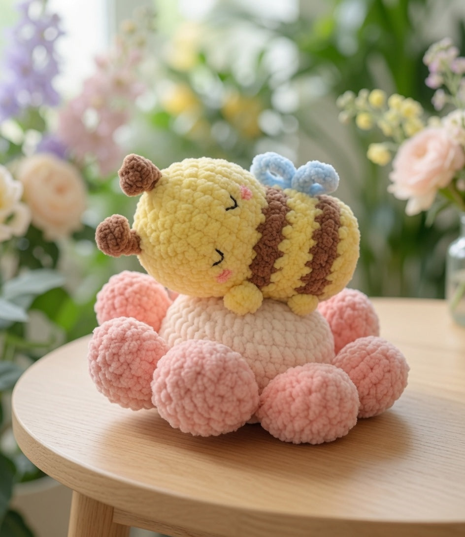 Sleepy Bumblebee on Flower Cushion Crochet Plushie | Velvet Amigurumi Stuffed Toy
