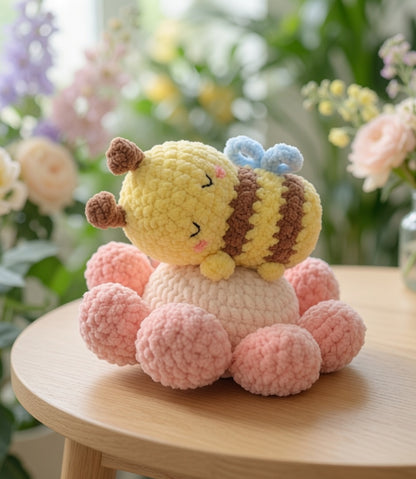 Sleepy Bumblebee on Flower Cushion Crochet Plushie | Velvet Amigurumi Stuffed Toy