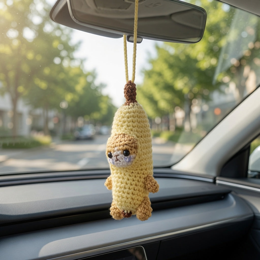 Funny Crying Banana Cat Crochet Car Charm | Viral Meme Rearview Mirror Accessory