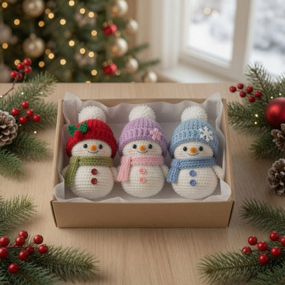 Handmade Crochet Snowman Ornament Set | Amigurumi Christmas Tree Decor Box