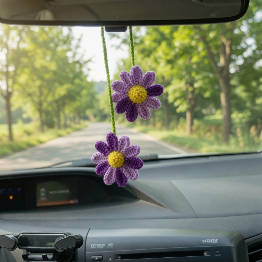 Colorful Crochet Rainbow Flower Car Charm | Handmade Amigurumi Rearview Mirror Accessory
