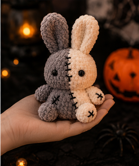 Spooky-Cute Stitched Bunny Plushie | Handmade Velvet Frankenstein Rabbit Stuffed Toy