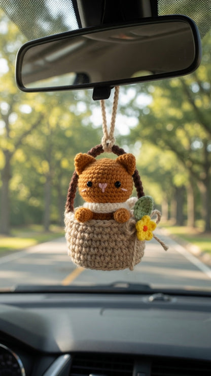 Cute Crochet Cat in Basket Car Charm | Handmade Amigurumi Rearview Mirror Accessory