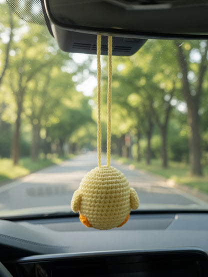 Funny Crochet Duck with Knife Car Charm | Handmade Amigurumi Rearview Mirror Accessory