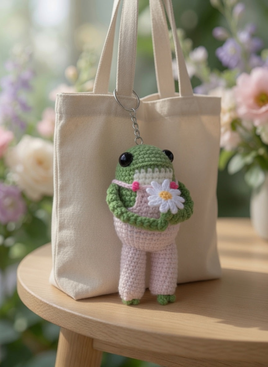 Cute Crochet Frog Holding Daisy Keychain | Pastel Amigurumi Bag Charm