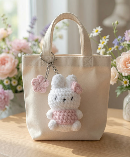 Fluffy Crochet Bunny Bag Charm | Kawaii Plush Rabbit Keychain with Flower