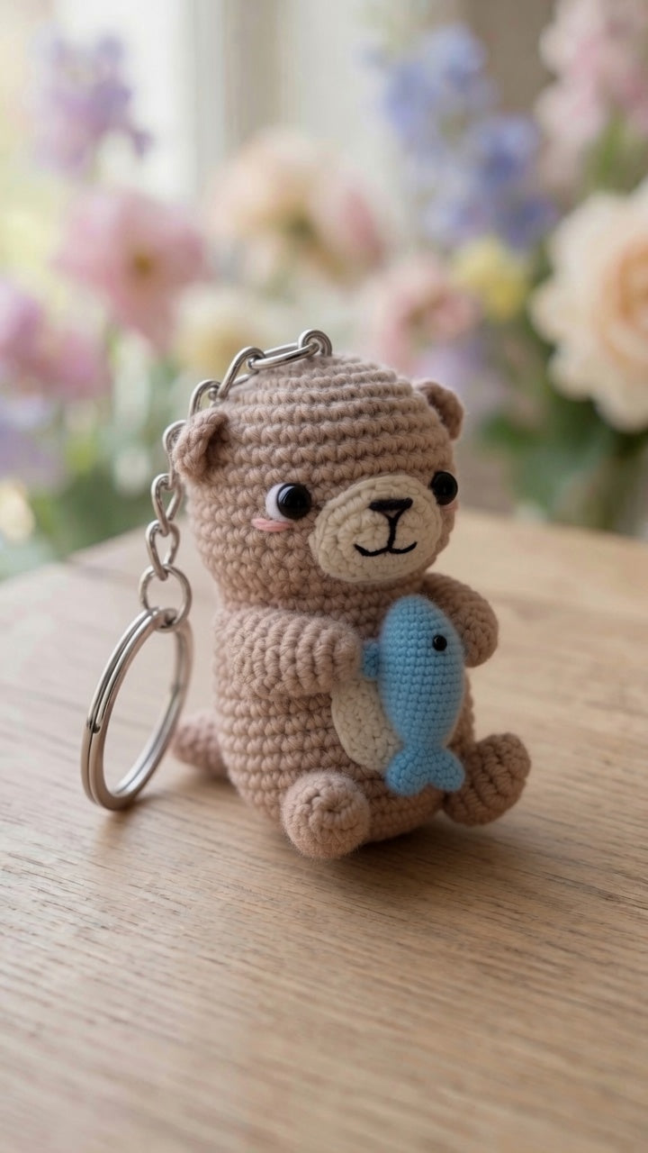 Cute Crochet Otter with Fish Keychain | Handmade Amigurumi Animal Bag Charm