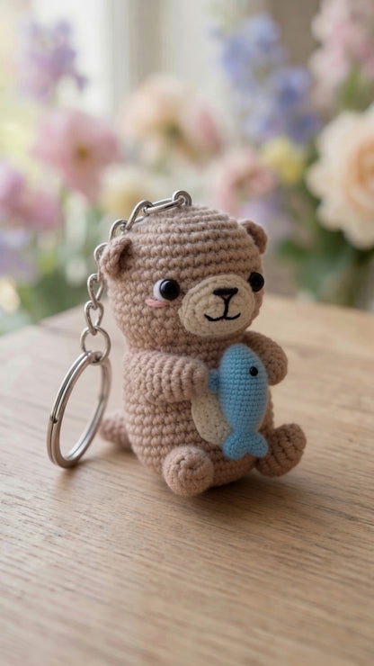 Cute Crochet Otter with Fish Keychain | Handmade Amigurumi Animal Bag Charm