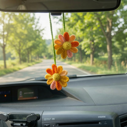 Colorful Crochet Rainbow Flower Car Charm | Handmade Amigurumi Rearview Mirror Accessory