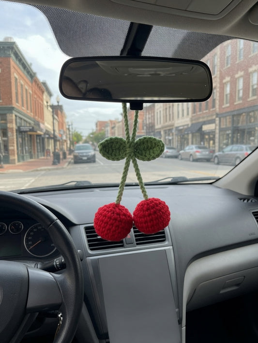 Cute Crochet Cherry Car Charm | Handmade Amigurumi Rearview Mirror Accessory