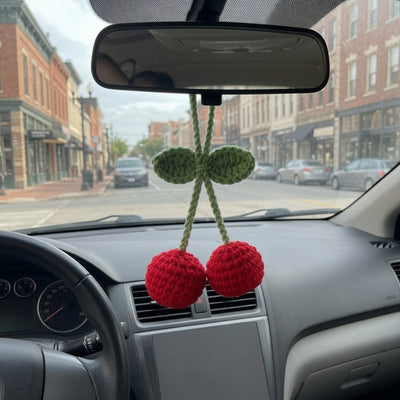 Cute Crochet Cherry Car Charm | Handmade Amigurumi Rearview Mirror Accessory