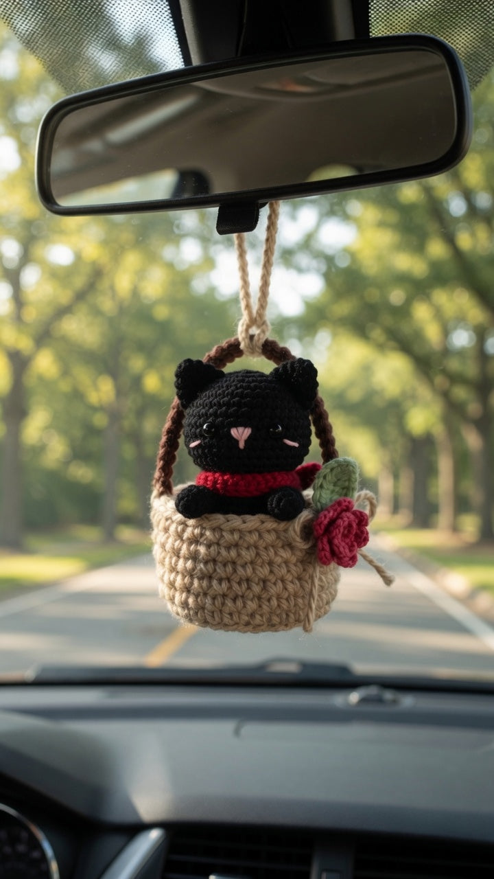 Cute Crochet Cat in Basket Car Charm | Handmade Amigurumi Rearview Mirror Accessory